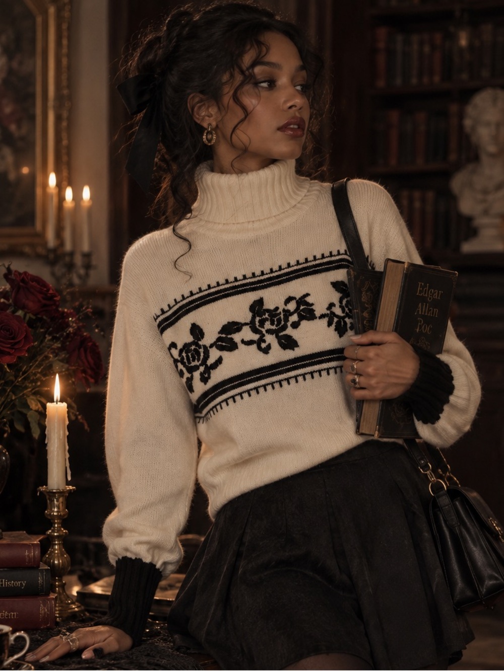 Romantic Goth Women’s XL Ivory Black Rose Turtleneck Sweater Floral Knit